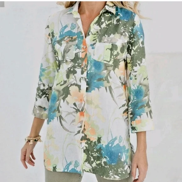 🆕 CHICO'S 100% Linen Paradise No Iron Tunic Blouse | XL (16) NWT - Picture 1 of 10